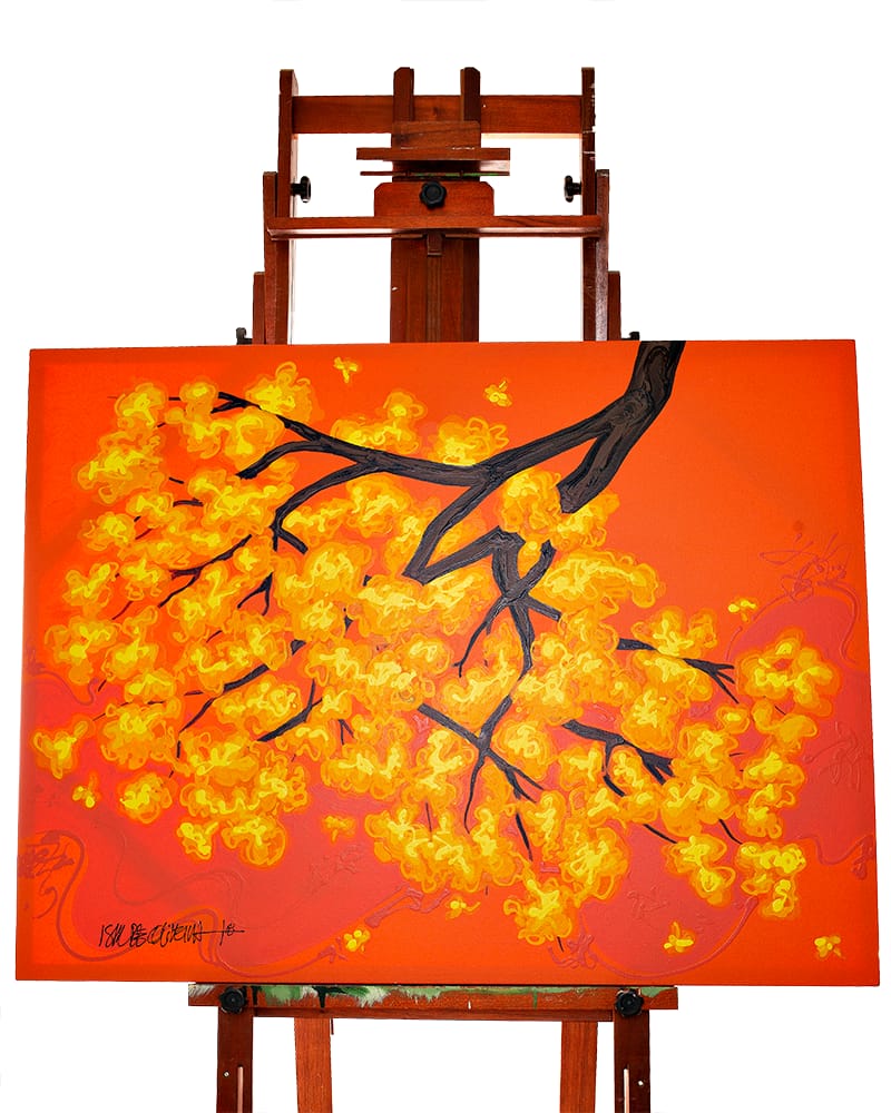 Quadro Original DNA Isaac Galho Ipê amarelo/fundo laranja