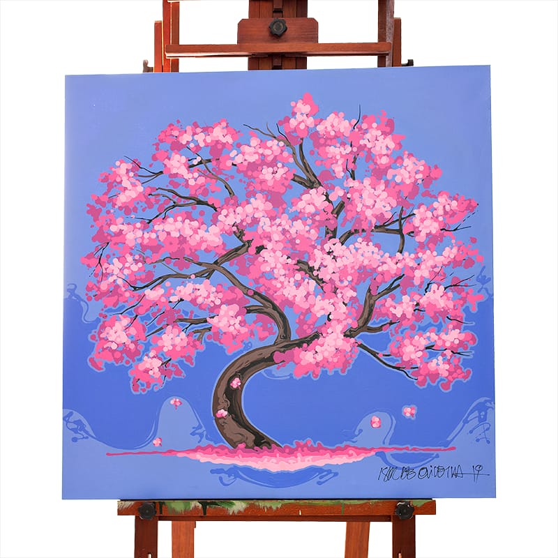 Quadro Original DNA Isaac Ipê Rosa/fundo roxo