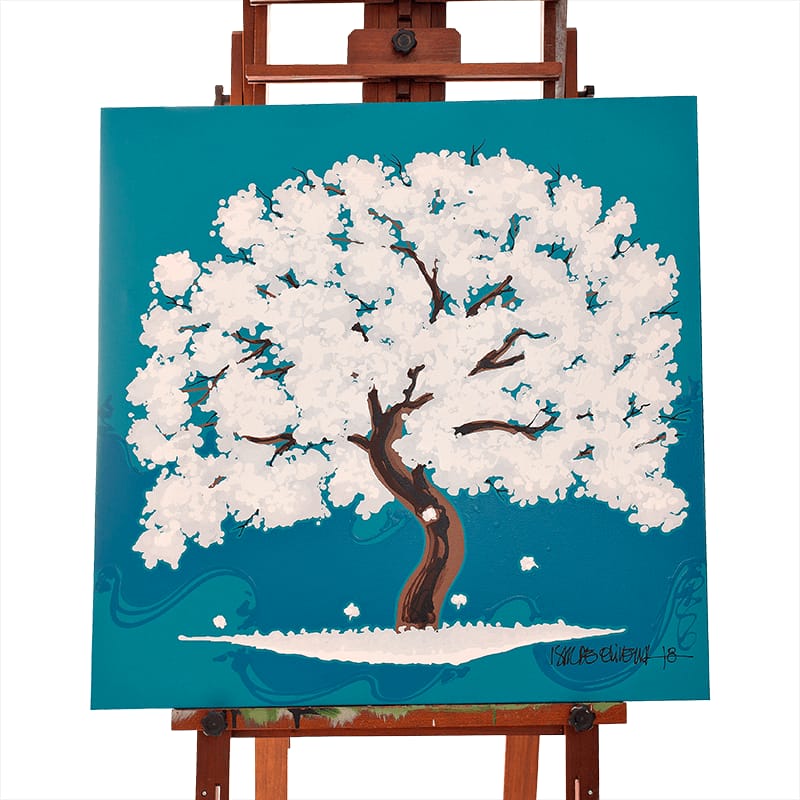 Quadro Original DNA Isaac Ipê Branco/fundo azul fechado